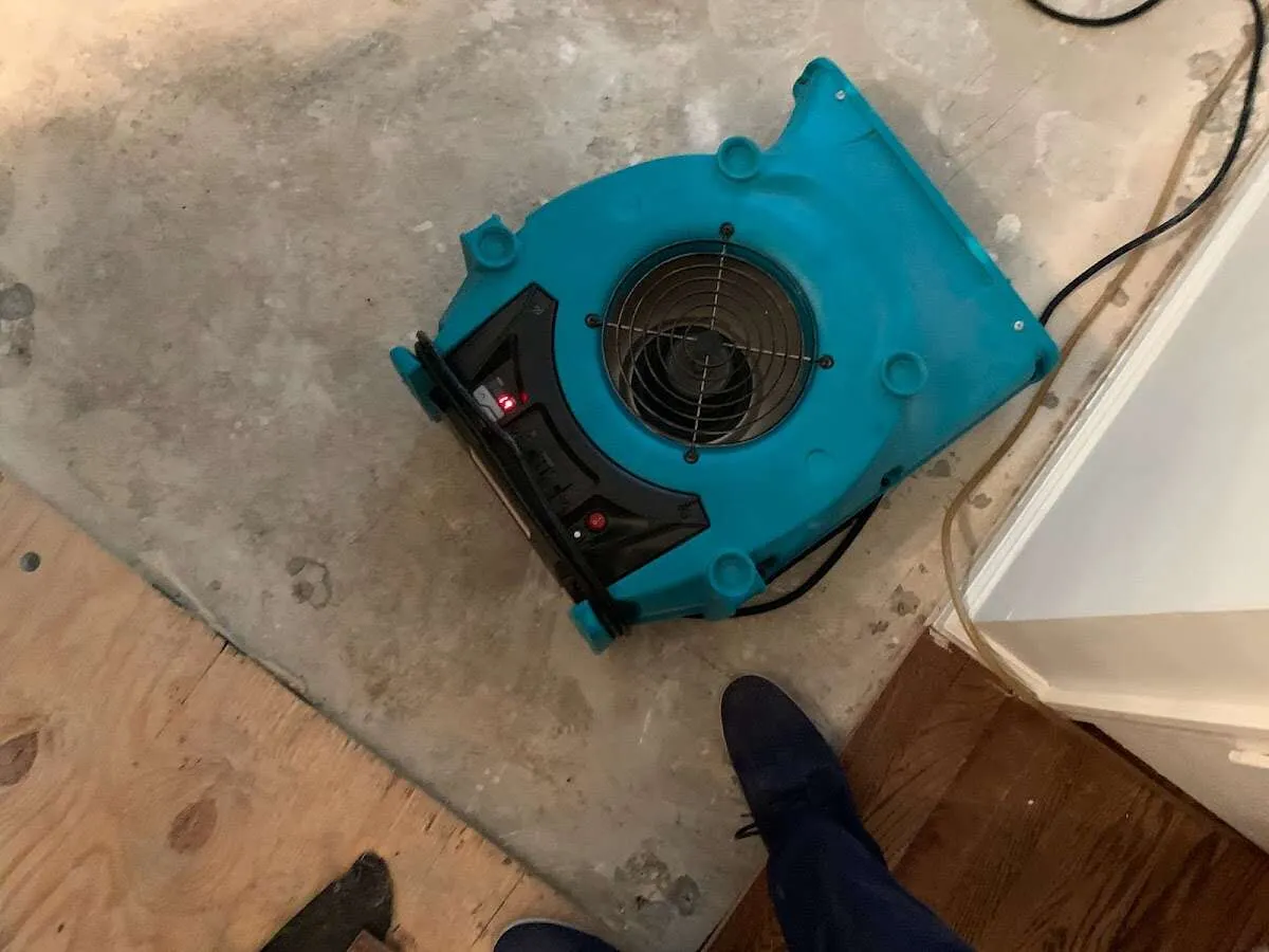 Air mover drying subfloor during Commercial Water Damage Restoration in Annapolis